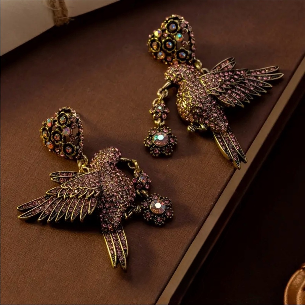 Beautiful vintage look Gold and Pink Bird Earrings